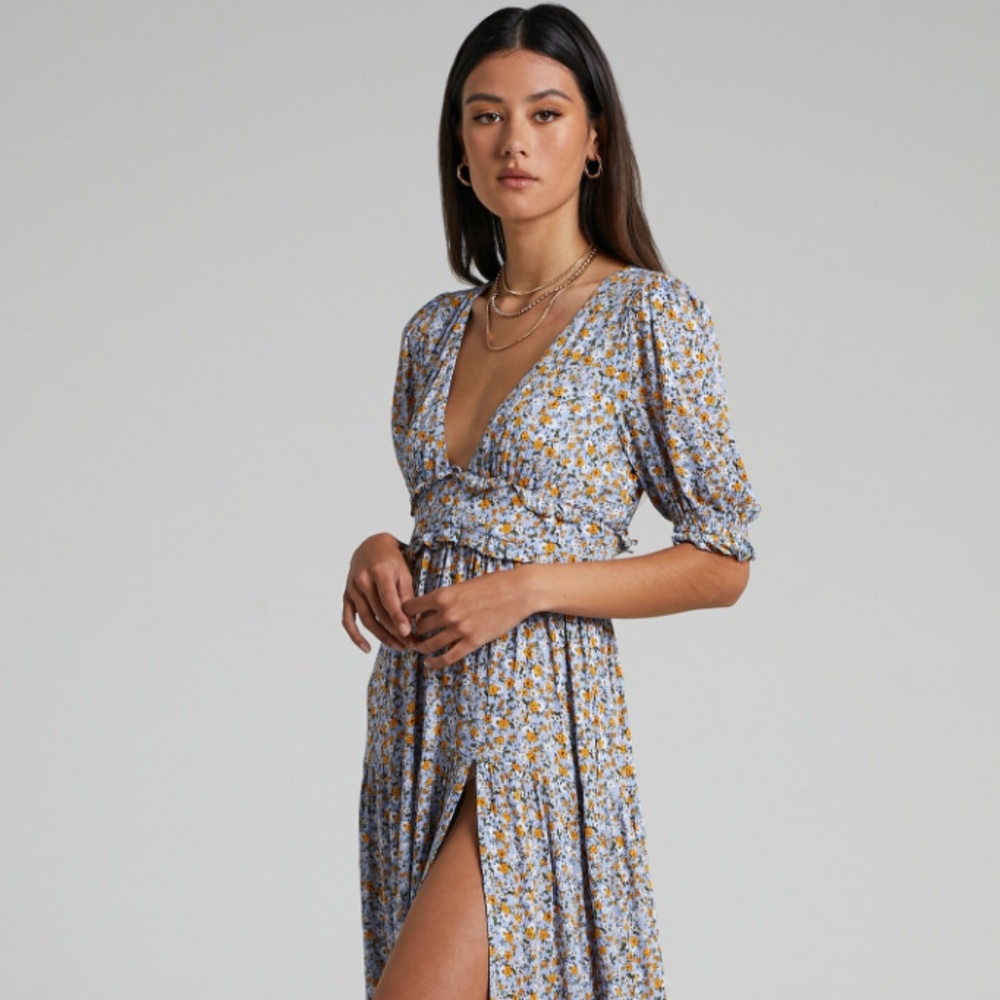 ShowPo - LUISELLA MAXI DRESS - PUFF SLEEVE TIERED DRESS IN BLUE DITSY FLORAL